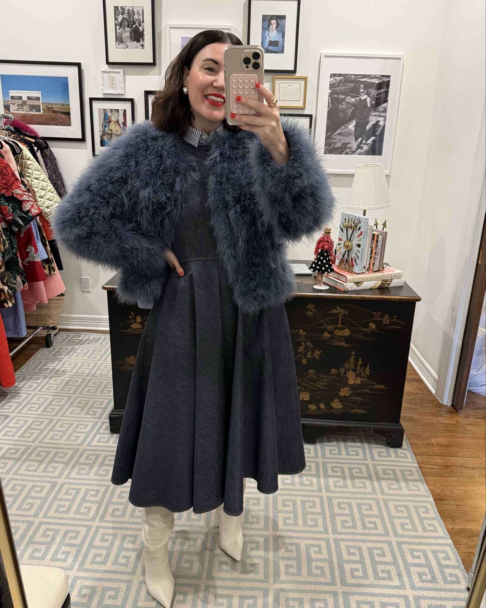 what I wore to a baby shower for a boy 🖤 denim Mae x Val dress runs true & has stretch- wearing the 4. Boots run a half size big. Jacket runs smallish- sized up to the large & im happy with it  

#LTKOver40