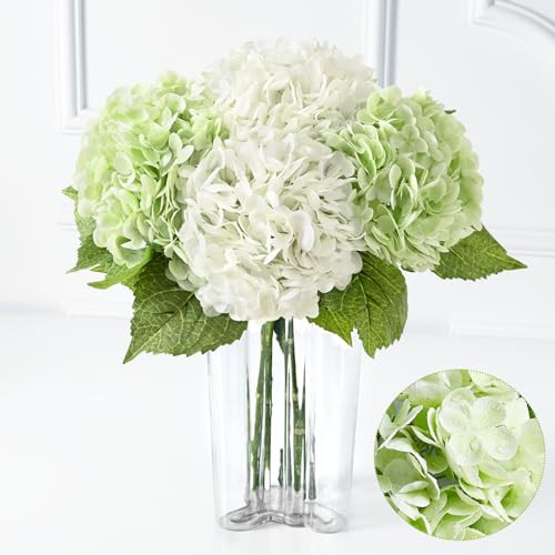 Real Touch Hydrangea Artificial Flowers, 2 Green & 2 White Real Touch Flowers, 21" Faux Hydrangea Flowers, Fake Hydrangea Flowers for Outdoor Wedding Office Home Decor Table Centerpieces | Amazon (US)