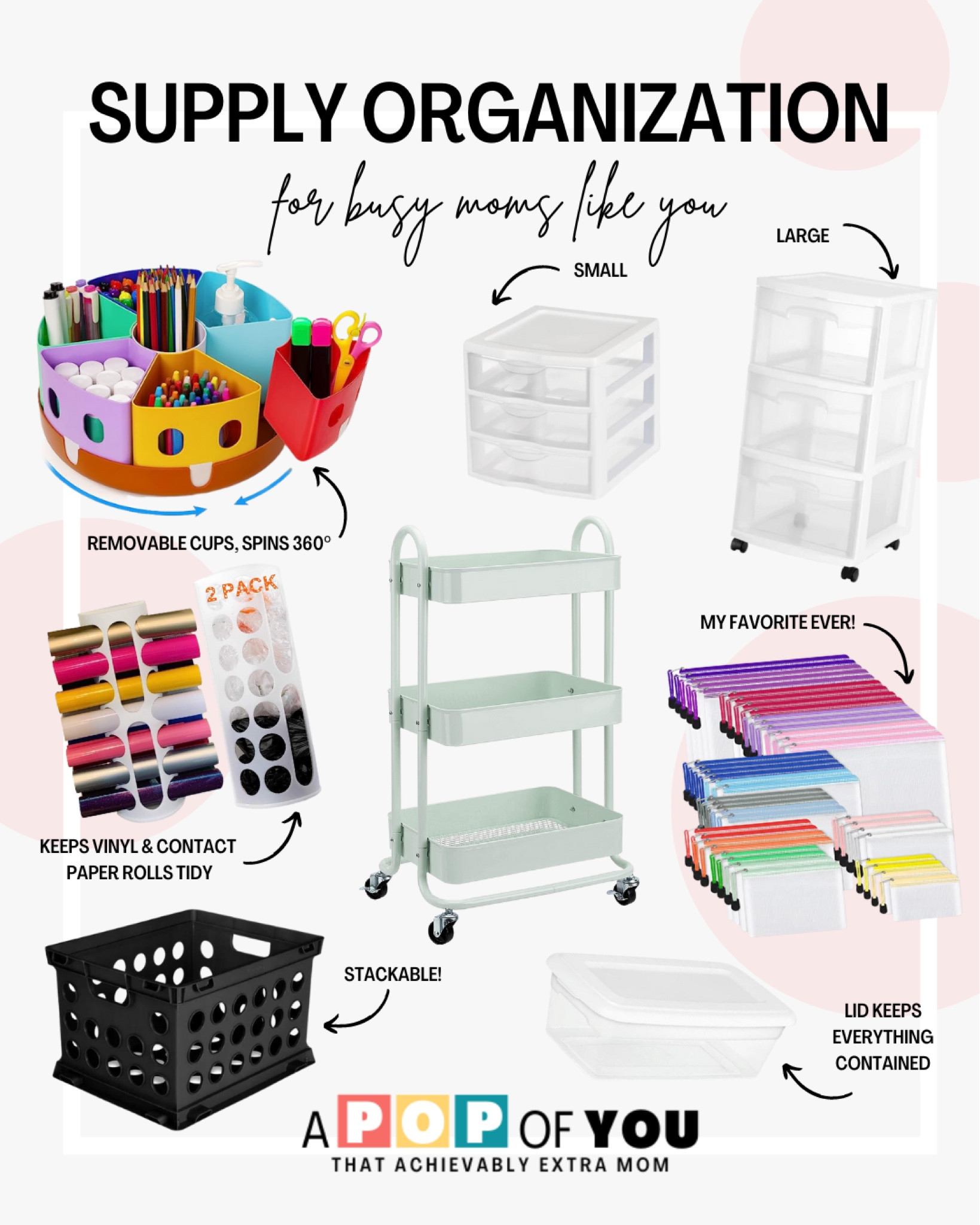 Here’s the lowdown of my best kept secrets for art supply organization! Except it’s not a secret. Totally sharing to help other achievably extra mamas make activities less overwhelming!

Our favorite rotating art supply organizer with removable cups holds all the loose drawing utensils on our three-tiered art cart. The three-drawer organizers are gamechangers in my supply closet. And of course, the mesh zipper pouches are always my go-to. Plus, this wall mounted vinyl storage organizer is incredible! 👏🏼

#LTKFind #LTKBacktoSchool #LTKhome