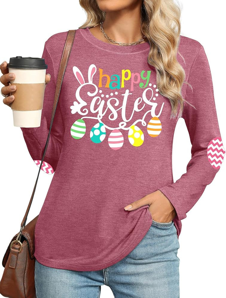 Easter Shirt for Women: Happy Easter Shirts Bunny Shirt Cute Rabbit Graphic T Shirts Casual Long ... | Amazon (US)