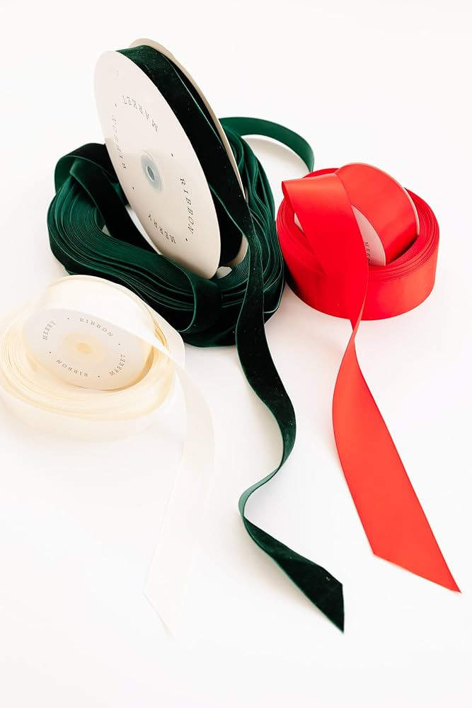 3 Roll Set Premium Christmas Ribbon, Minimal Holiday Gift Wrapping, 60 Yards, Green Velvet, Red S... | Amazon (US)