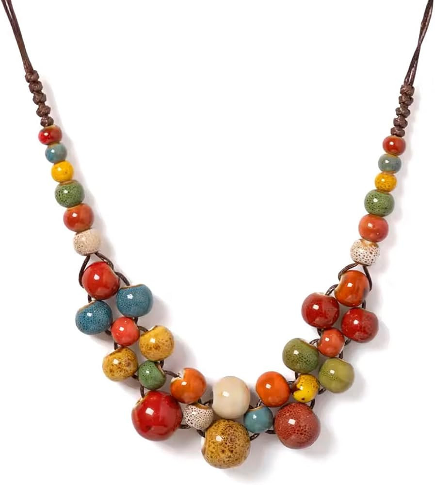 KURTCB Boho Hippie Ceramic Beaded Necklace for Women Statement Chunky Bohemian Fall Colorful Bead... | Amazon (US)