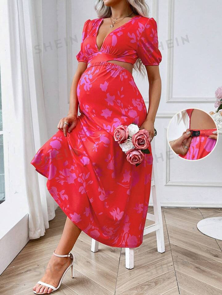 SHEIN Maternity Floral Printed Hollow Out V-Neck Dress | SHEIN