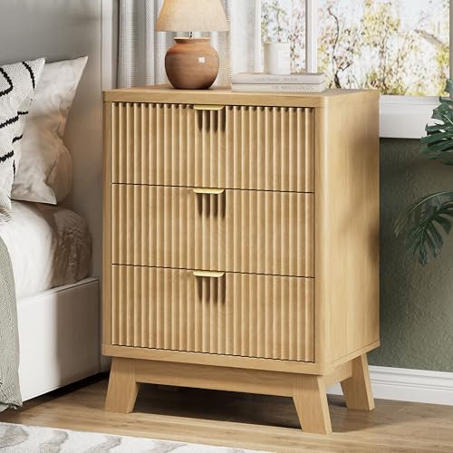 Xixini Fluted Nightstand with 3 Storage Drawers, 24" Wide Wood Bedside Table with Mental Handle, Mid Century Modern Wooden Side Table Night Stand, Curved End Table for Bedroom, Living Room, Oak | Amazon (US)