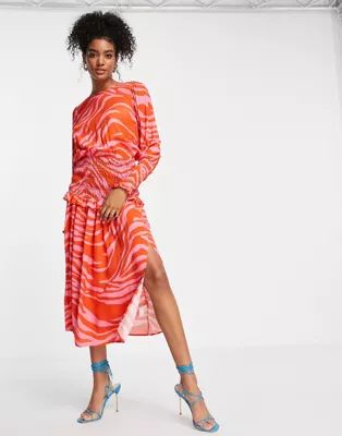 Never Fully Dressed shirred waist midi tea dress in red and pink zebra | ASOS (Global)
