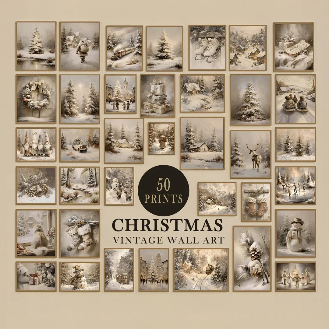 50 Vintage Christmas Wall Art Prints Set Warm Winter Printable Art Muted Rustic Wall Print Neutra... | Etsy (US)