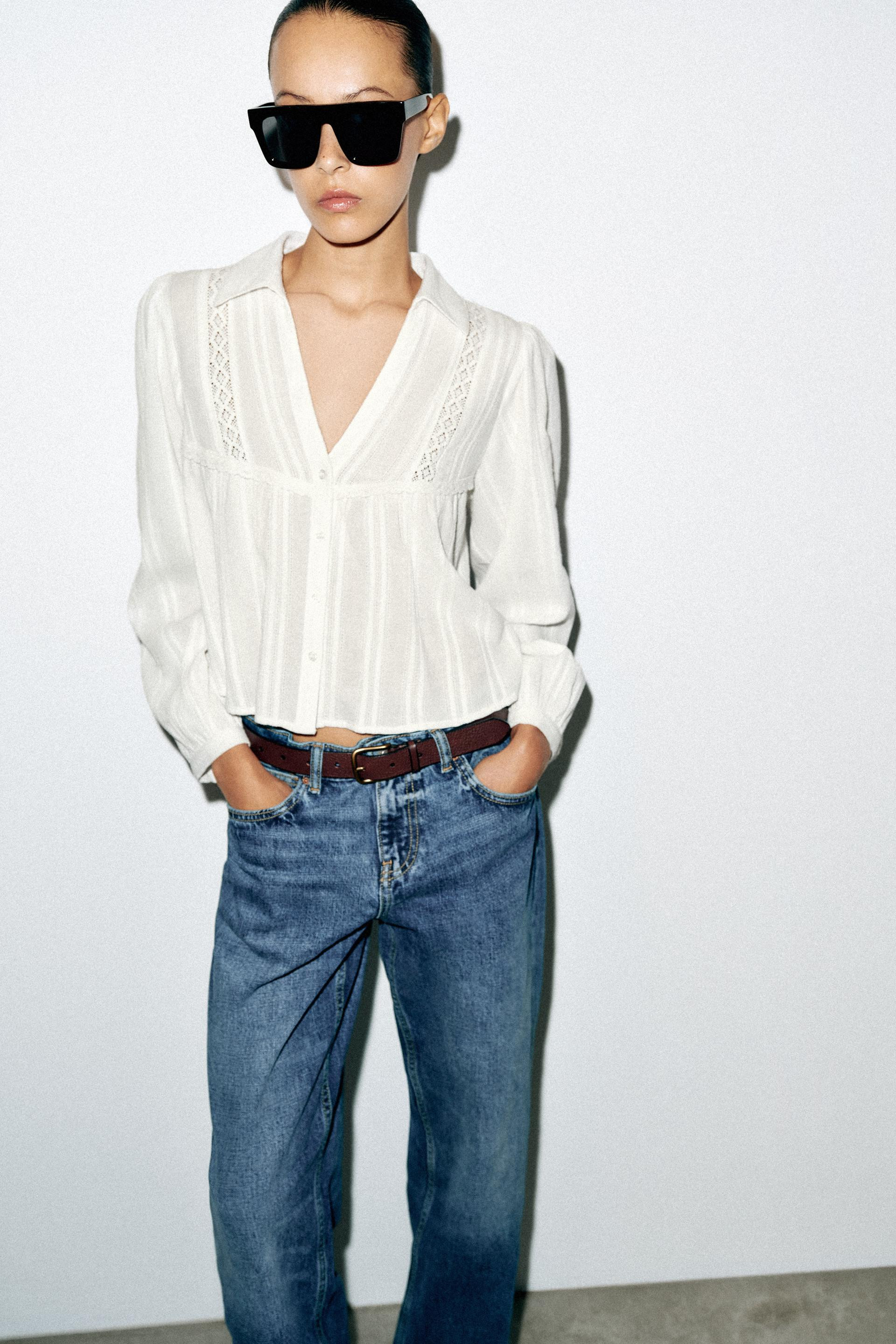 Zara - Cropped Lace Trim Shirt - White - Xs - Woman | Zara UK