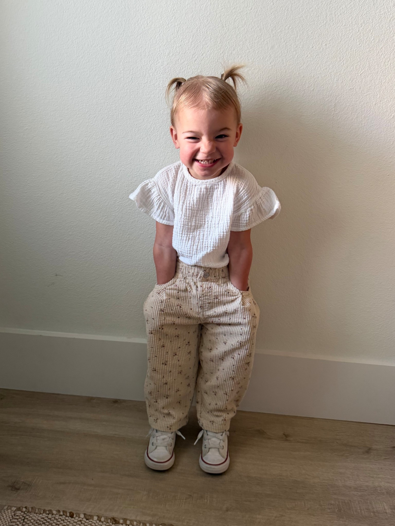 Toddler ootd. Wish these corduroy pants came in my size!!! Hayes usually has a hard time fitting in 2T pants bc they’re big in the waist (she’s almost 2.5) but these fit great. So in comparison to other fits you may find they run on the smaller side. Muslin top is from a boutique called Blossom & Pear which we love! 

#LTKootd #LTKKids #LTKSaleAlert