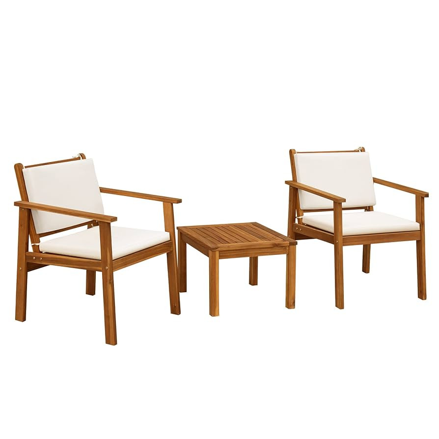 Flamaker Patio Chairs 3 Piece Acacia Wood Patio Furniture with Coffee Table & Cushions Outdoor Co... | Amazon (US)