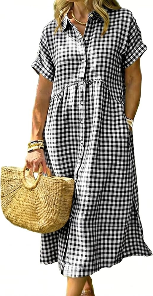 SKIKYAN Women's Plaid Shirt Dress Casual Short Sleeve Button Down Midi Dresses with Pockets Loose... | Amazon (US)