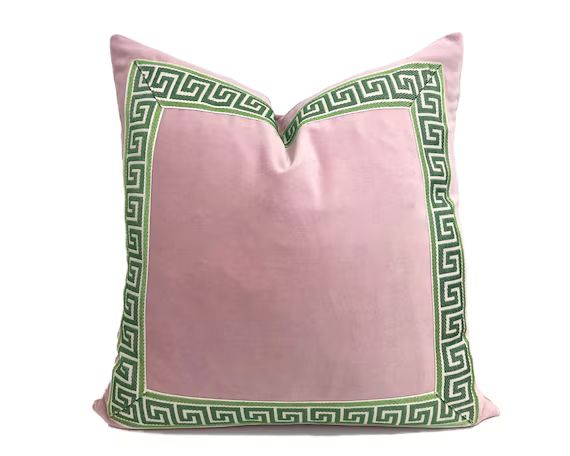 Light Pink Velvet Pillow Cover With Green Greek Key Trim | Etsy | Etsy (US)