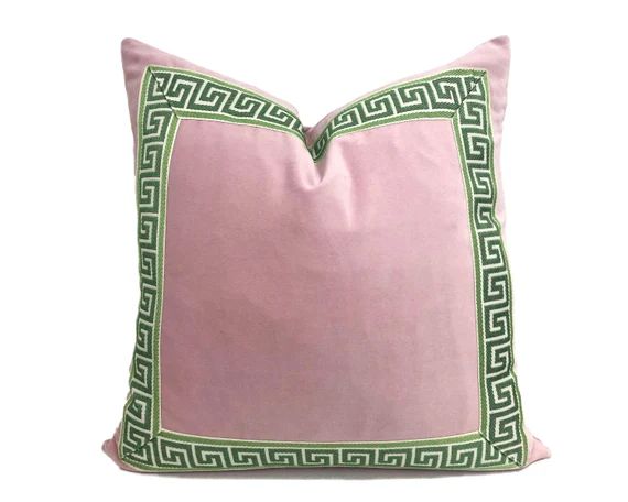 Light Pink Velvet Pillow Cover With Green Greek Key Trim | Etsy | Etsy (US)