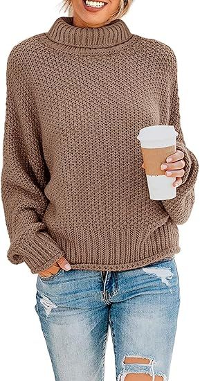 ZESICA Women's Fall Long Sleeve Turtleneck Casual Loose Chunky Knitted Pullover Sweater Jumper To... | Amazon (US)