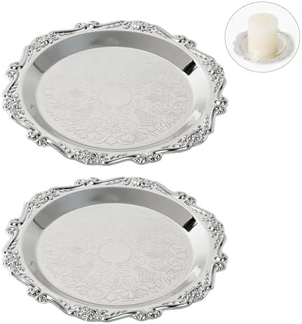 ALSOLIFE Silver Pillar Candle Holders Decor, 5.9 Inch Round Candle Tray Decorative Metal Plate Ca... | Amazon (US)