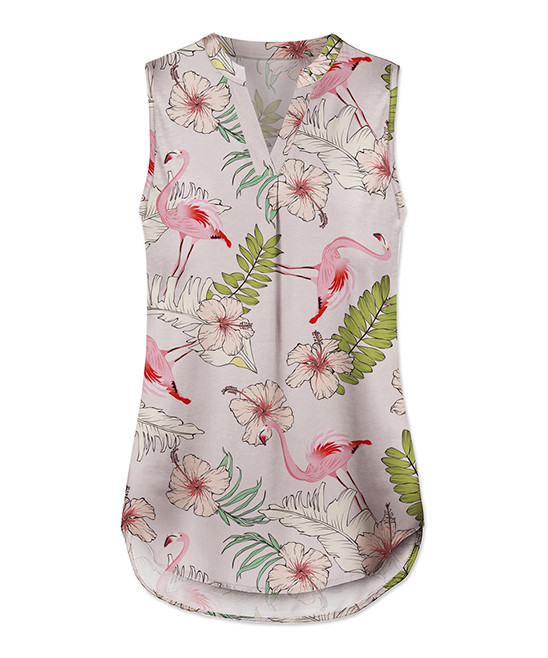UDEAR Women's Blouses Print - Pink Floral Flamingo Sleeveless Notch Neck Top - Plus | Zulily