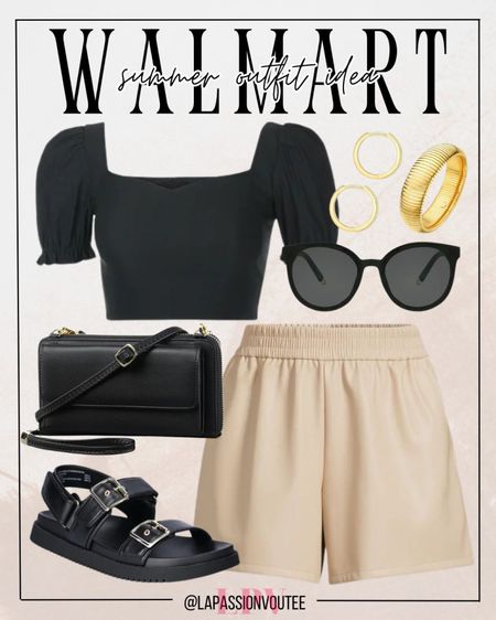 Get ready to turn heads this summer with our Walmart essentials: flaunt puff sleeves crop top with faux leather pull-on shorts. Complete the look with hoop earrings, a chic bracelet, stylish sunglasses, a crossbody bag, and double buckle sandals. Effortless elegance at unbeatable prices! ☀️ 

#LTKstyletip #LTKSeasonal #LTKfindsunder100