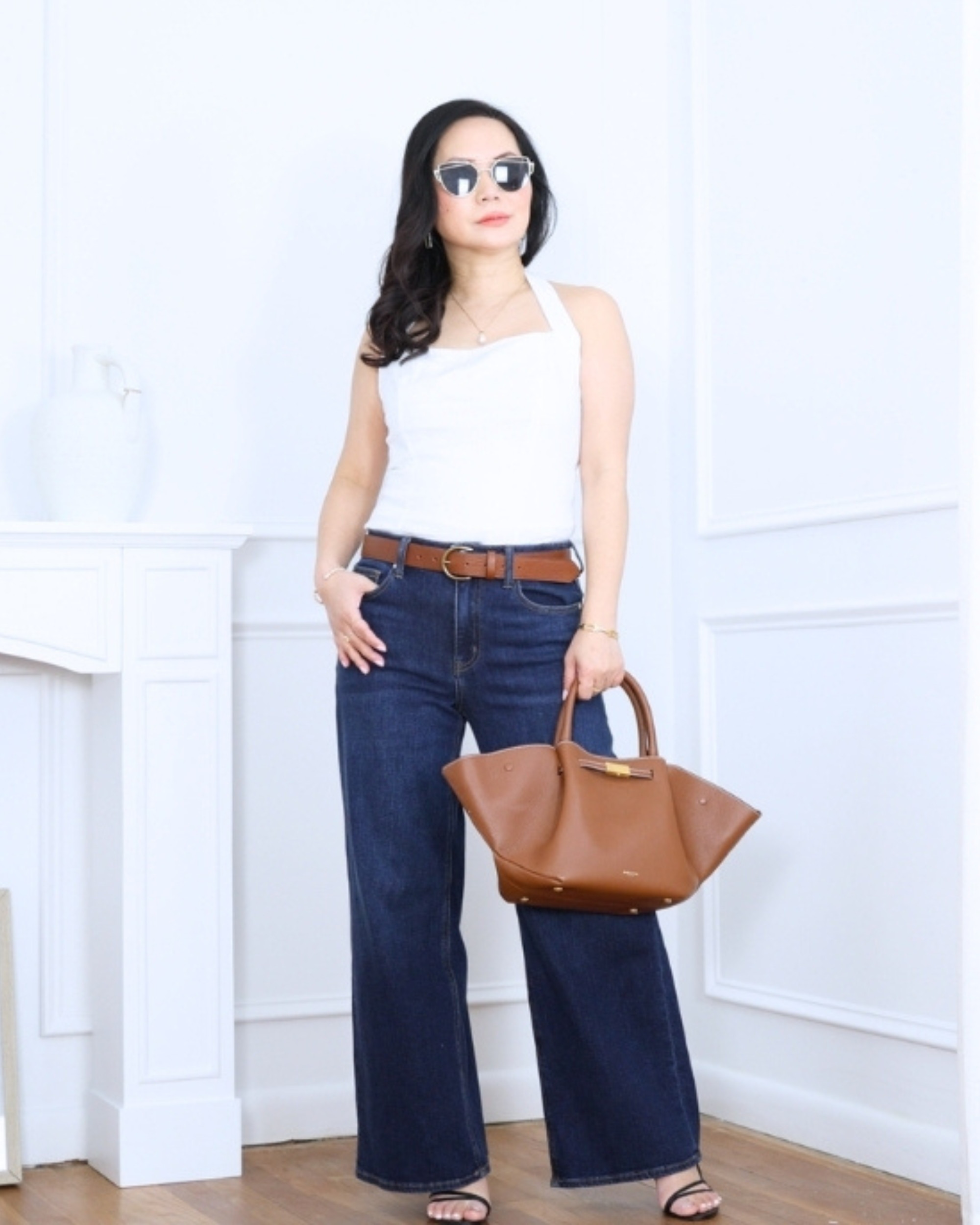 White halter linen top paired with wide-leg jeans, both from Quince — clean, flattering, and effortlessly polished for an easy everyday look. I'm 5'2, wearing size S. 

 #LTKootd #LTKOver40 #LTKPetite