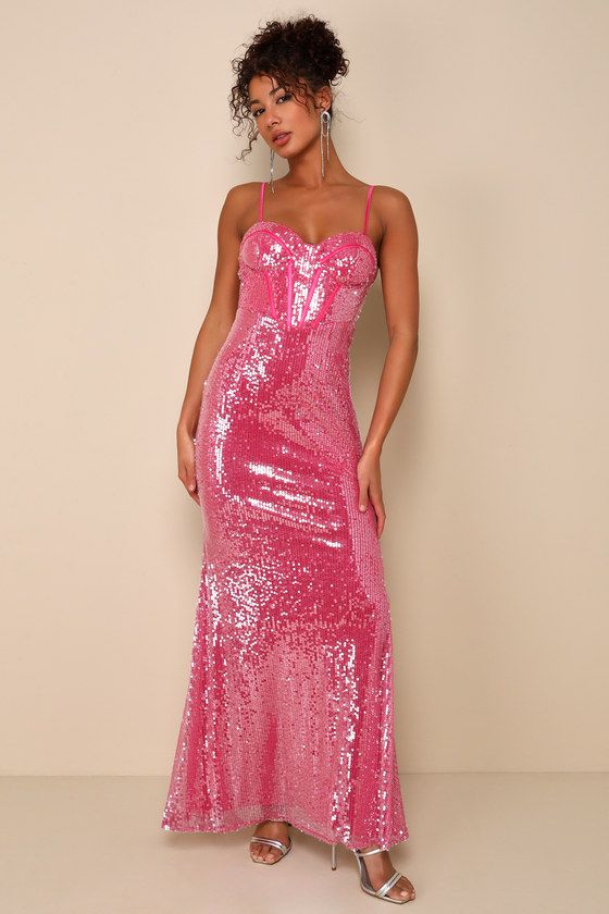 Phenomenal Presence Magenta Sequin Bustier Maxi Dress | Lulus