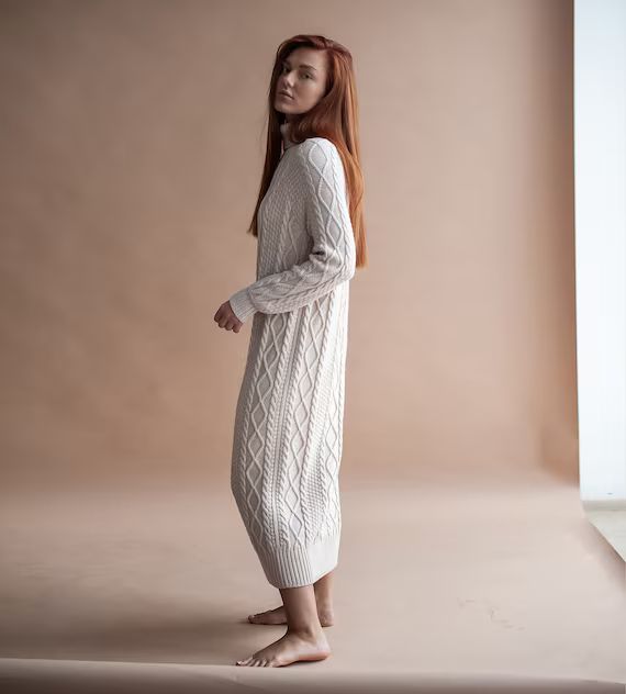 Beige Turtleneck Dress for Women Knitted Ankle Length Dress - Etsy | Etsy (US)