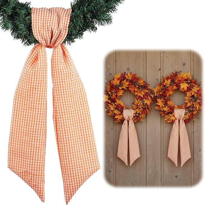 Orange Gingham Wreath Sash Set 2 Pack for Fall Decoration, 5.12" Wide x 54" Each Autumn Thanksgiv... | Amazon (US)