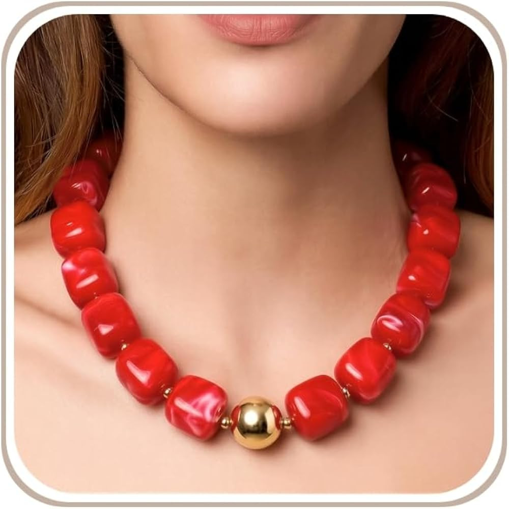 Chunky Necklaces for Women, Trendy Colorful Square Acrylic Resin Beads Statement Choker Necklace,... | Amazon (US)