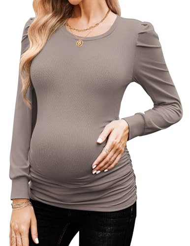 Ekouaer Women's Maternity Shirts Long Sleeve Pregnancy Tops Basic Ribbed Knit Pregnant Blouses Grey Medium | Amazon (US)