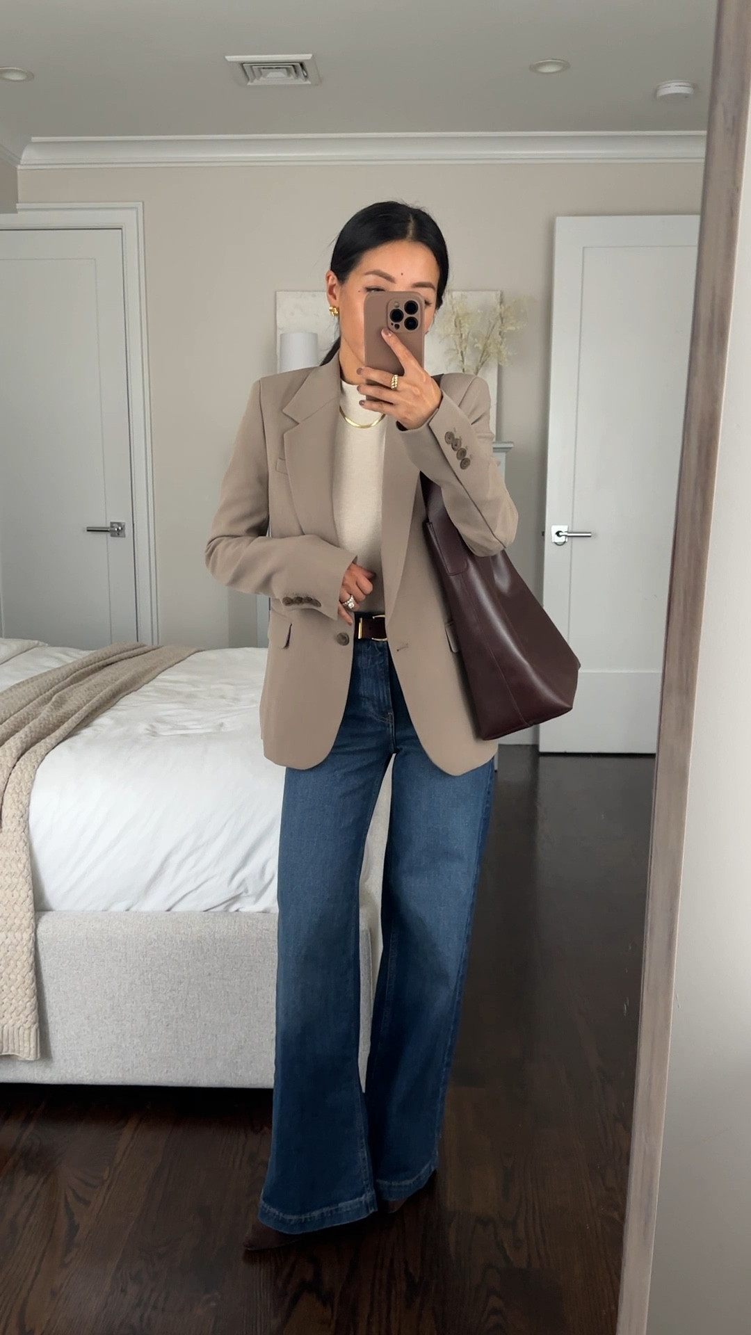 Taupe tailored blazer and trouser jeans (denim is 50% off) 

• Gap mockneck long sleeve in Xs petite, nice base layer

• Gap high rise stride wide-leg jeans in dark wash 24P - very elongating. Has some stretch. 

Gap runs a little big and a little long fyi, but the length will shrink in the wash a bit if you machine wash and dry. I didn’t want to shrink mine but my very petite friend got the exact same pair and shrunk hers to wear with lower shoes

 • Amazon “The Drop” sock style boots 5.5. These ankle booties have a stretch shaft so fit nicely under all sorts of denim and pants 

• Madewell bucket tote 

• Aritzia blazer in nomad taupe 00, nice quality and fitted on me , with sleeves slightly long

•Edited Pieces belt (coming soon)

#LTKWorkwear #LTKFindsUnder50 #LTKStyleTip