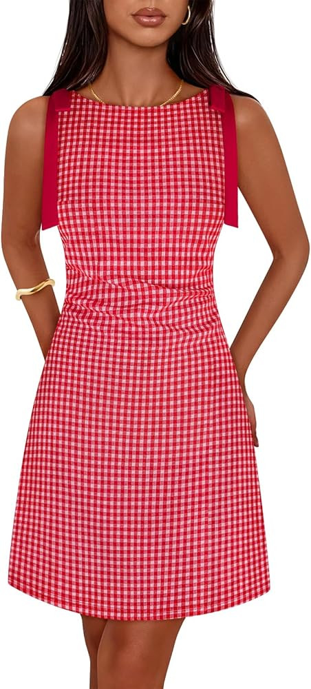 MEROKEETY Women's 2026 Summer Gingham Mini Dress Ruched Sleeveless Boat Neck Cocktail Party Beach... | Amazon (US)