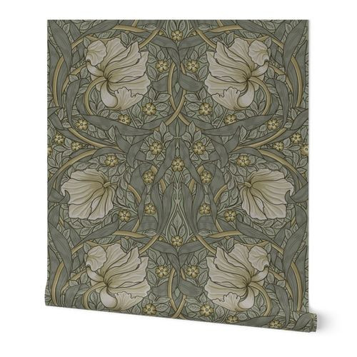 Pimpernel - LARGE - historic damask by William Morris - sage gray linen adaption, Pimpernell Antiqued art nouveau art deco, | Spoonflower