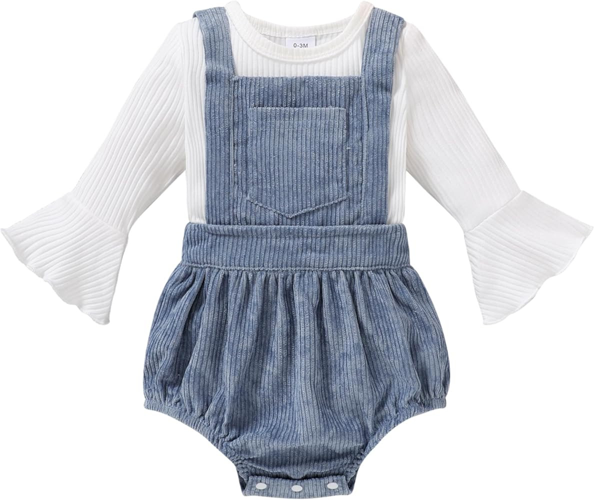 Tiny Cutey Newborn Baby Girl Clothes Bell Sleeve Romper and Corduroy Overalls Shorts Infant Girl ... | Amazon (US)