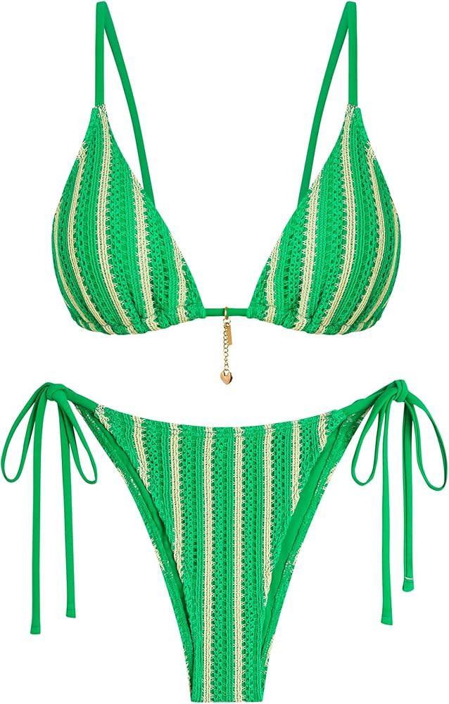 ZAFUL Crochet Bikini Sets for Women Cheeky Two Piece Bathing Suits Striped Brazilian High Cut Kni... | Amazon (US)