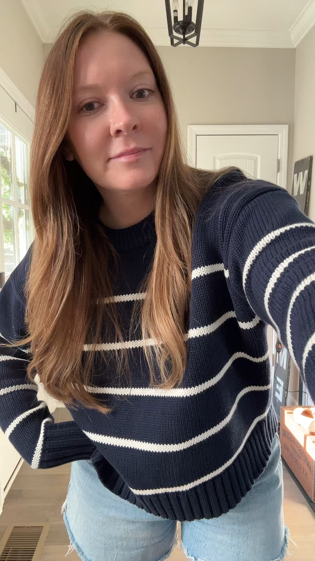 Navy striped sweater / tts wearing a medium 
Cut off jean shorts / tts / linked similar 
Sandals
Yurman 
Evil eye necklace 

#LTKspring #LTKootd #LTKdayinmylife