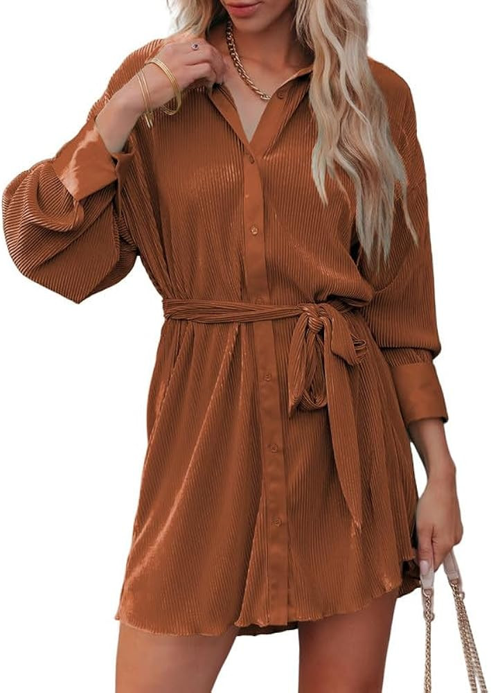 Dokotoo Womens Dress Long Sleeve Country Concert Satin Loose V Neck Button Down Shirts Pleated Sw... | Amazon (US)