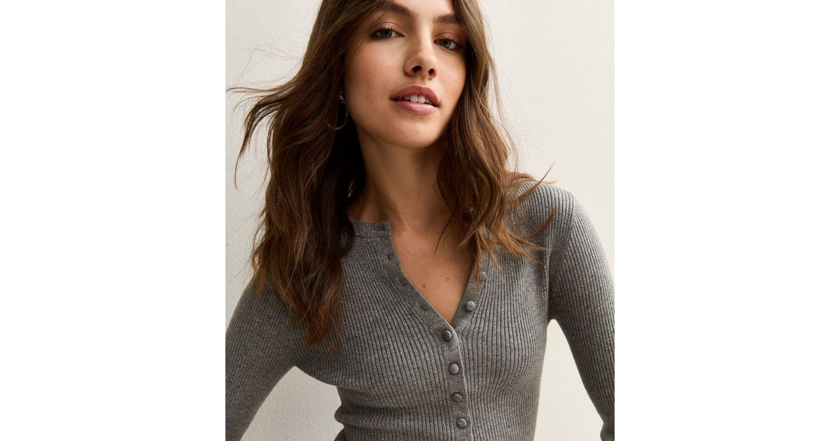 Light Grey Ribbed Knit Long Sleeve Button Up Jumper | New Look | New Look (UK)