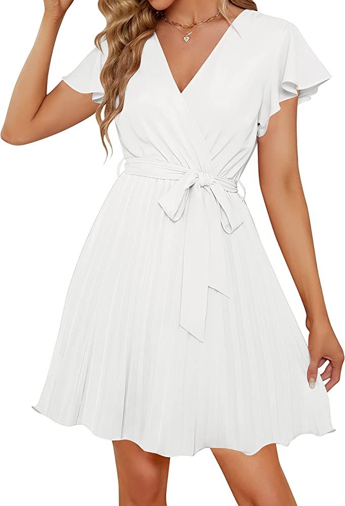 ZESICA Women's Wrap V Neck Mini Dress 2024 Summer Flutter Sleeve Tie Waist Pleated A Line Swing W... | Amazon (US)