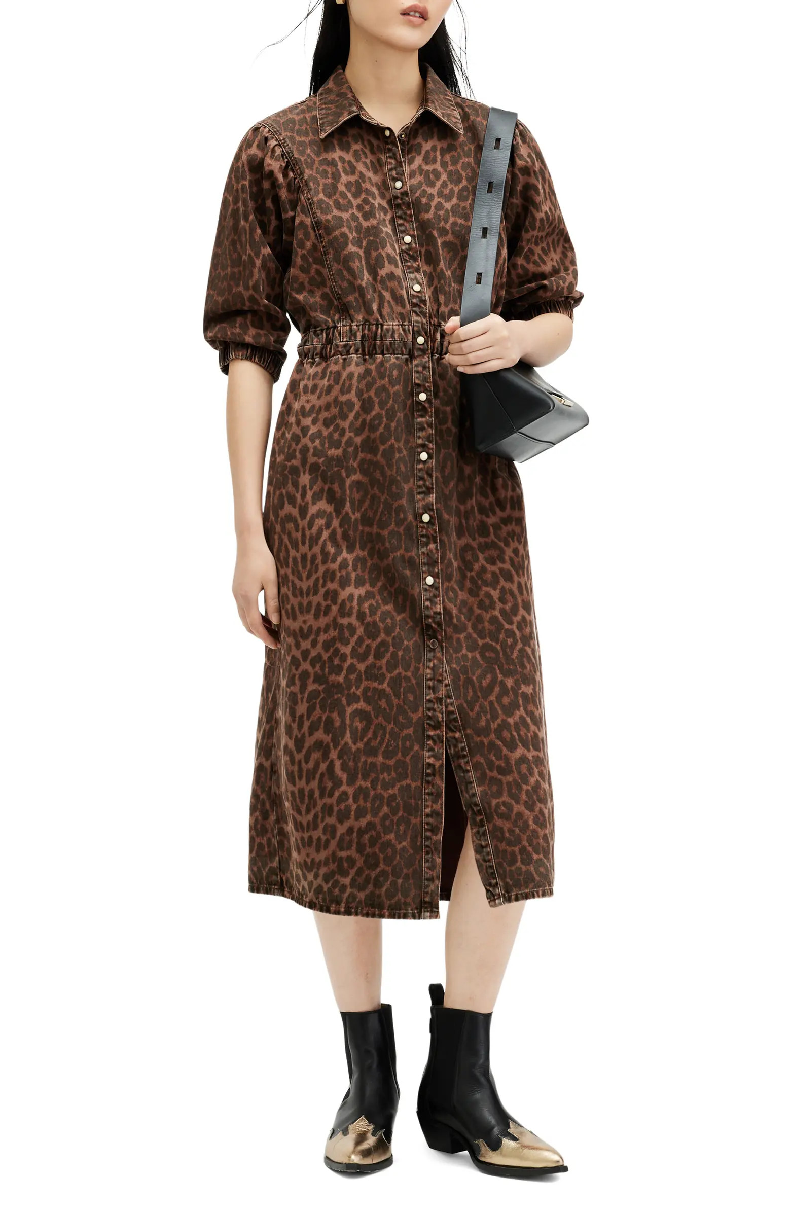 Osa Animal Puff Sleeve Denim Shirtdress | Nordstrom