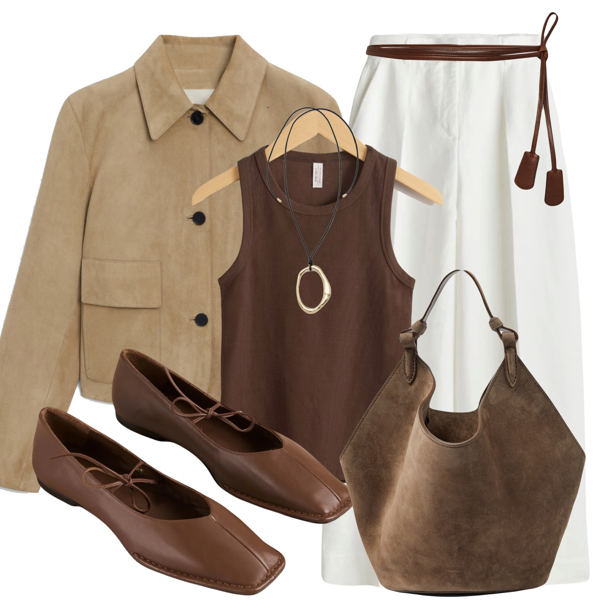 You can’t go wrong with a good suede leather jacket in spring 🖤I have found a perfect one in beige color from Massimo Dutti. Styled it with white wide-leg trousers, brown tank top, leather ballerinas, and suede leather bag. Also linked some alternatives for each piece.  
Tags: Massimo Dutti suede leather jacket, wide high-ankle jeans, white wide-leg trousers, brown cotton vest top, chocolate tank top, Khaite Lotus bag, The Row belt, brown suede leather bag, leather cord necklace, spring look, spring outfit, casual look, spring fashion, spring style, easy styling, outfit board, simple everyday look, chic & basic outfit, primavera, verano, effortless, Parisian look, casual outfit, capsule wardrobe, summer style, summer fashion, summer look, summer outfit, brunch style, high street.

#LTKspring #LTKsummer #LTKshoes