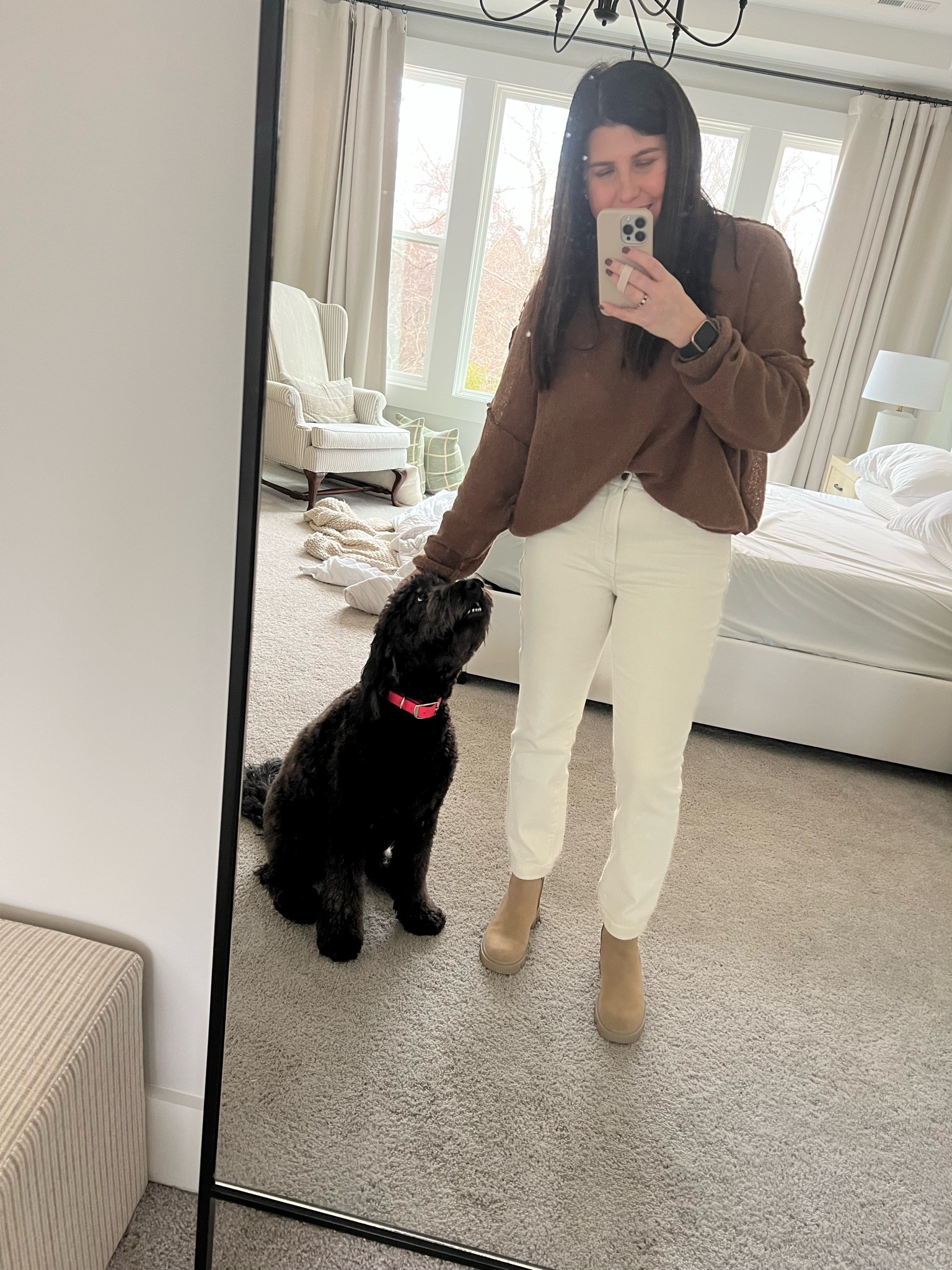 Mirror desperately needs to be cleaned 🫠 but Lady joined me for the #OOTD snap today! 

Linking similar tops because I got this one at a local boutique and can’t find it anywhere online! 

#LTKunder50 #LTKstyletip #LTKunder100