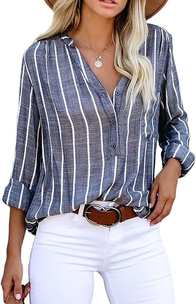 Astylish Womens V Neck Striped Roll up Sleeve Button Down Blouses Top | Amazon (US)