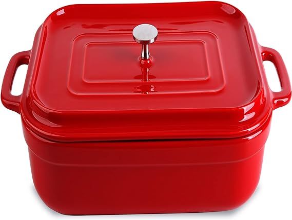 Deep Lasagna Pan Casserole Dish with Rack-Lid Red 12.5x10x3.5 Inch，3.2 quar Roasting - Ceramic ... | Amazon (US)