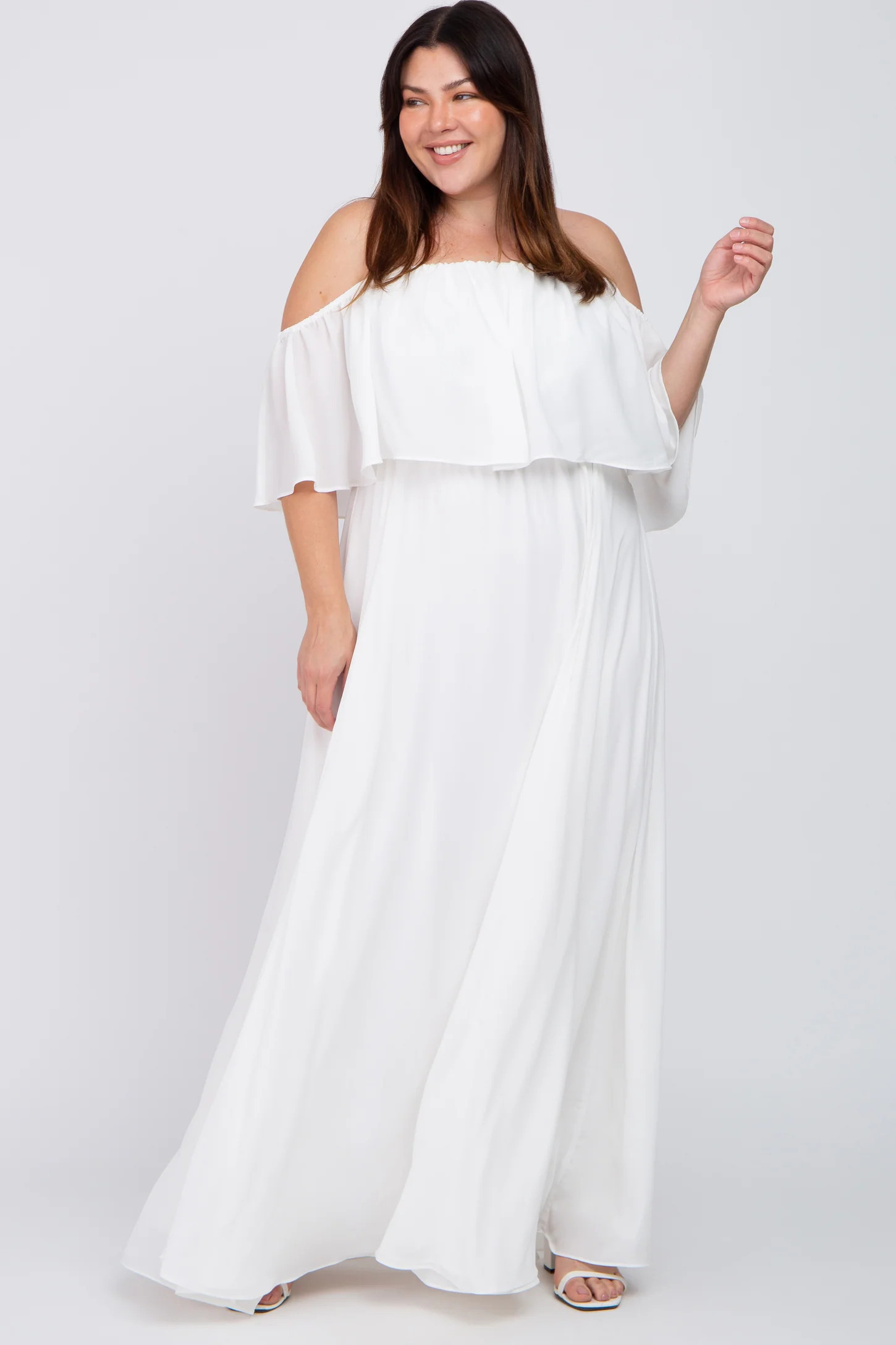 White Chiffon Off Shoulder Plus Gown | PinkBlush Maternity