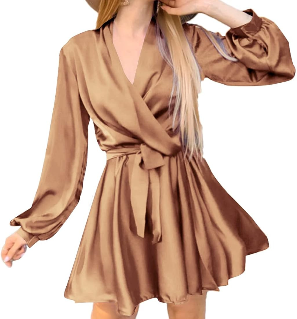LYANER Women's Satin Silky Wraped V Neck Waist Tie Pleated Long Sleeve Flowy Mini Dress | Amazon (US)