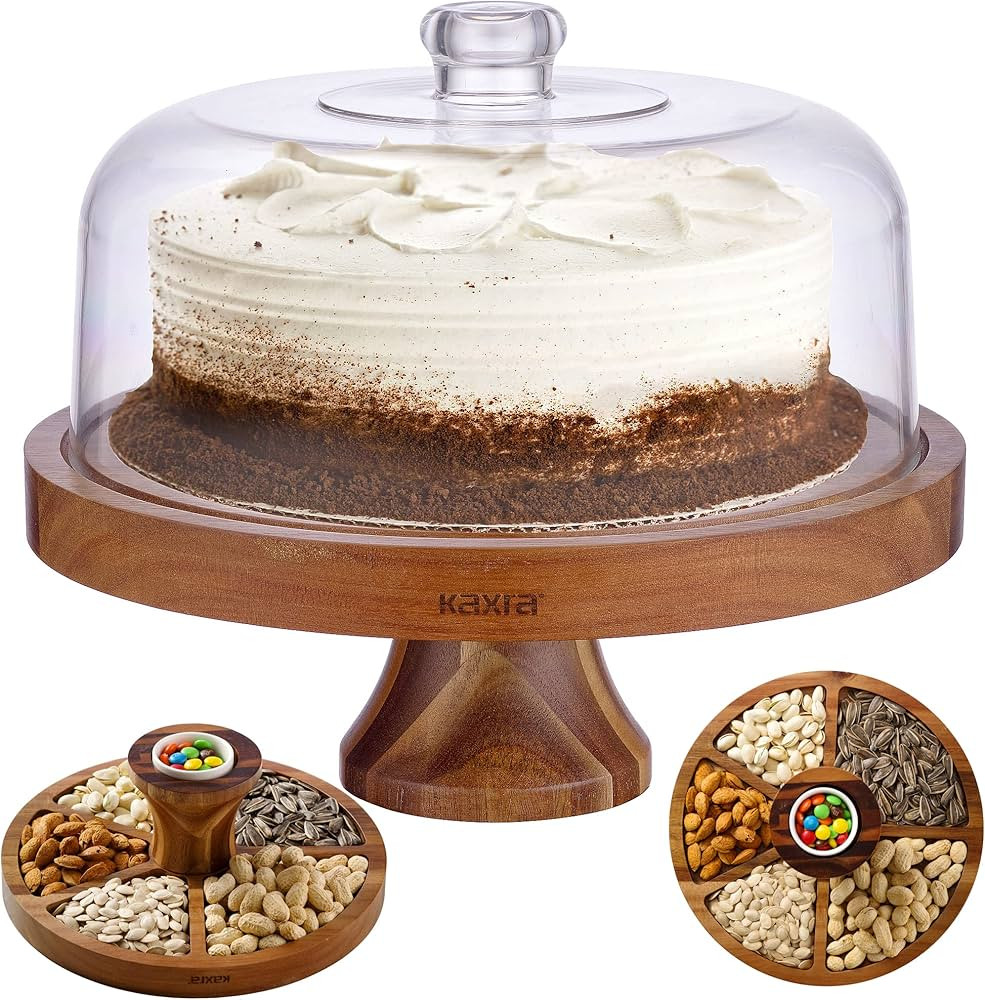 Kaxra Cake Stand, Acacia Wooden Cake Stand with Acrylic Lid, 6-1 Multifunctional Cake Holder, Des... | Amazon (US)