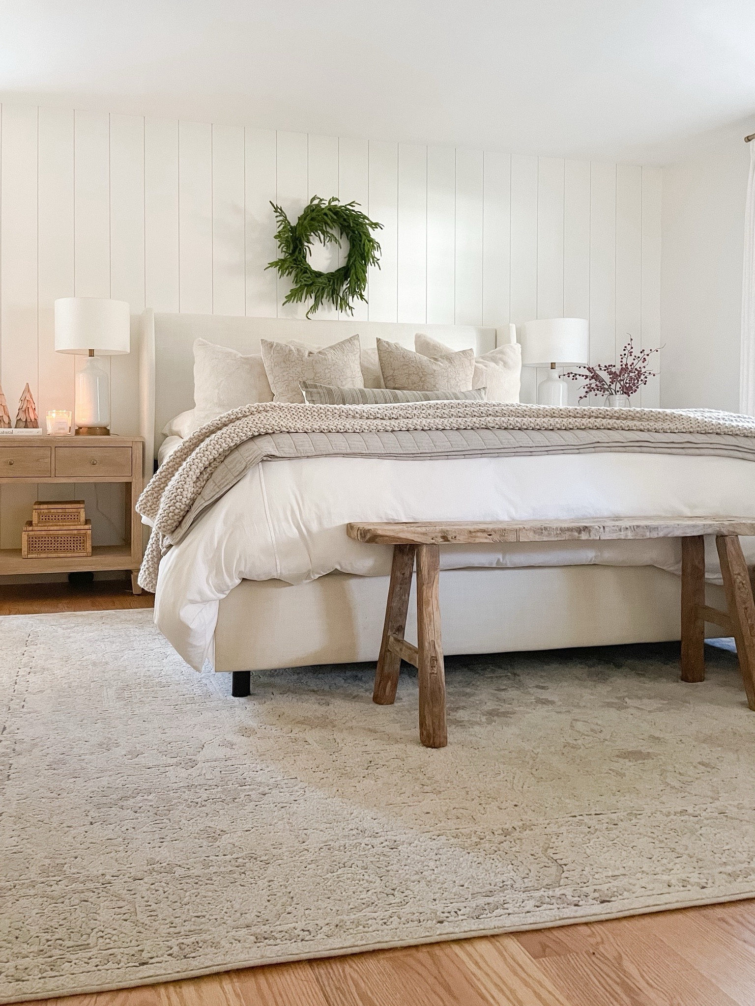 Modern coastal bedroom, neutral bedding, upholstered bed, vintage bench, Loloi rug, pottery barn bedroom 

#LTKHome #LTKHoliday #LTKFindsUnder50