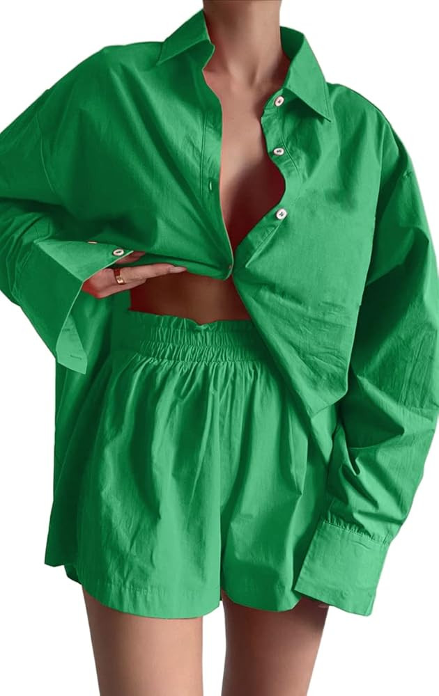 CHYRII Women's Two Piece Outfits Casual Long Sleeve Button Down Shirts Shorts Sets | Amazon (US)