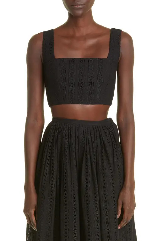 Adam Lippes Embroidered Eyelet Cotton Crop Top in Black at Nordstrom, Size 10 | Nordstrom