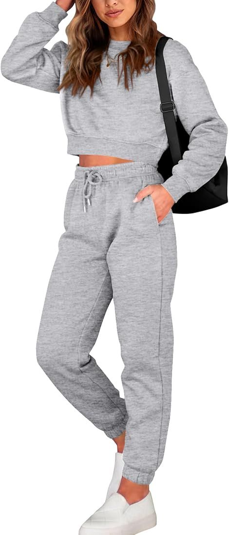 BTFBM Women 2 Piece Outfits Long Sleeve Crop Top Pullover Drawstring Pant Jogger Set Casual Sweat... | Amazon (US)
