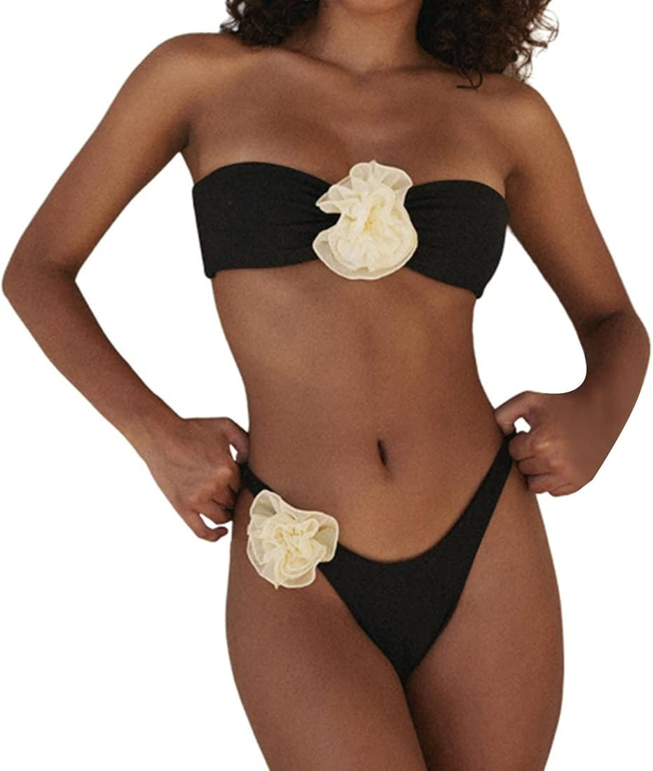 Women Floral Appliques Sexy Bikini Summer Tankini Beach Bodycon Beachwear Bandeau Black Swimsuit ... | Amazon (US)