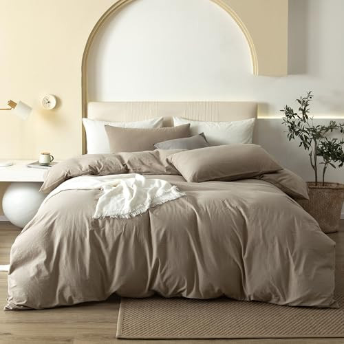 JIYUAN Queen Size Duvet Cover Set, 3-Piece - 100% Washed Cotton, Linen-Like Soft & Breathable with Zipper Closure, Includes 90x90 Inch Cover & 2 Pillowcases, Solid Khaki | Amazon (US)