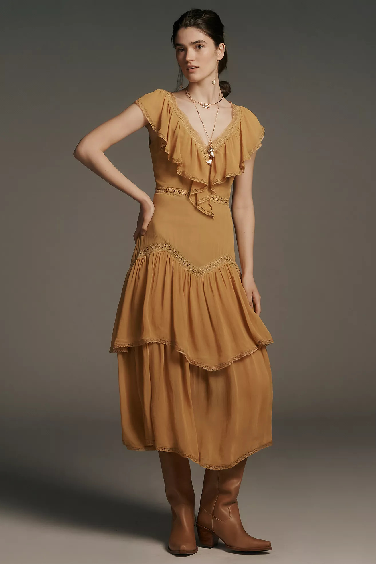 By Anthropologie Short-Sleeve V-Neck Ruffle Midi Dress | Anthropologie (US)